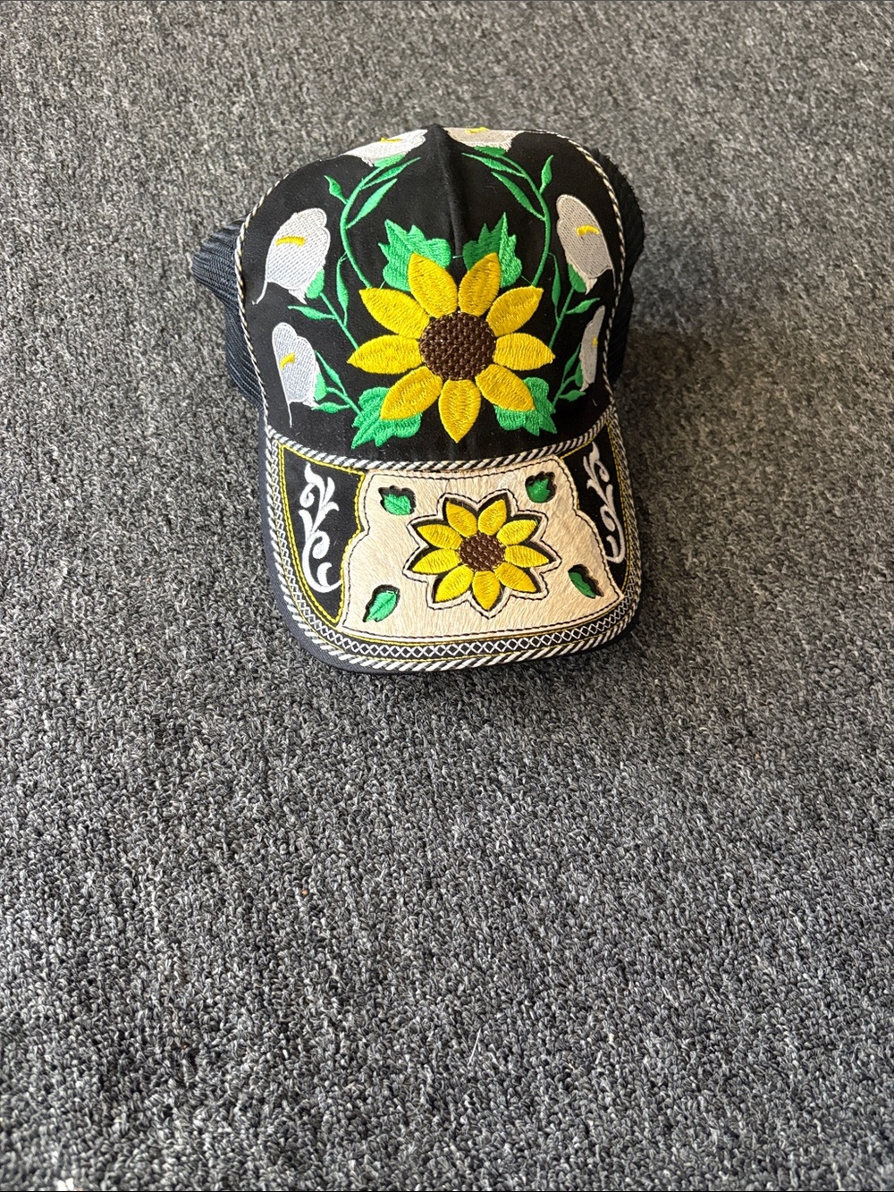 Kids Black Sunflower Embroidered Cap - Unbranded